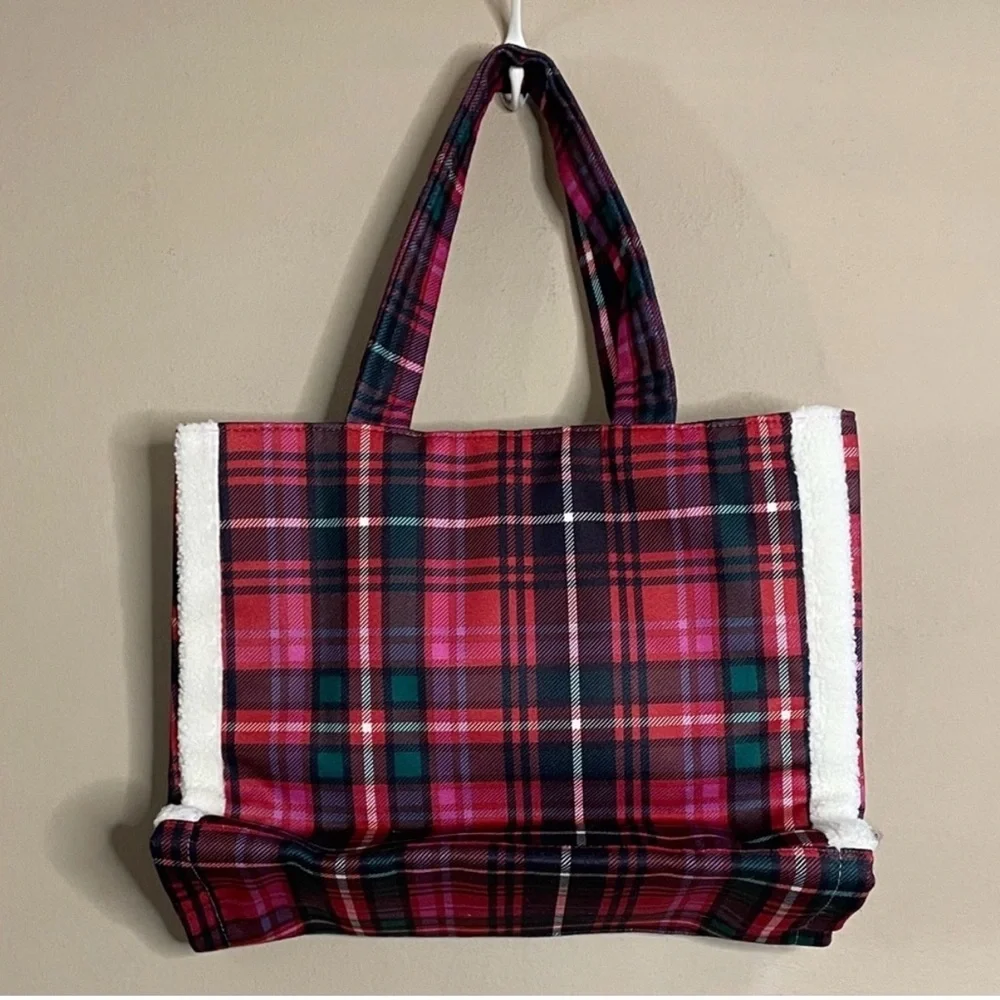 Victoria's Secret Holiday Plaid Tote Bag - Red and White with fleece trim NWT